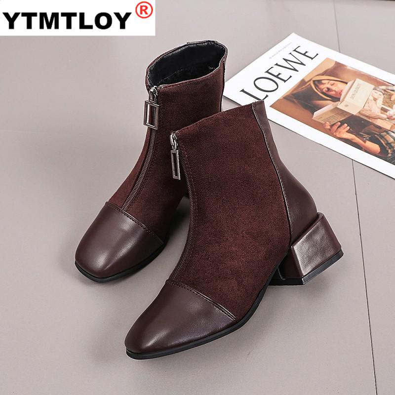 Frauen Stiefel Herbst Stiefel-frauen Reißverschluss Schuhe Luxus Booties Damen Knöchel Med Gummi Felsen Stoff solide
