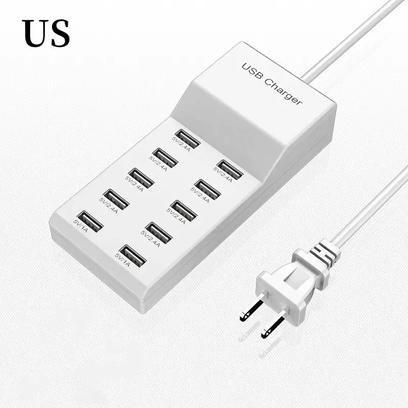 Station de charge USB à 4/10 ports, 50W, 10A, multi-ports, hub USB C, chargeur pour téléphone portable, tablette, prise d'extension multiple: Bleu