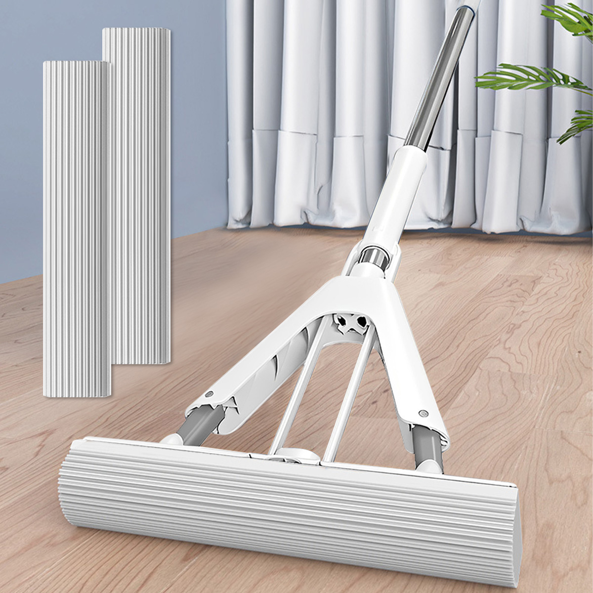 Sponsmop Zelflozende reinigingsmop Absorberende rolschuimmop met 52 inch uitschuifbaar handvat en 2 sponskoppen voor hardhout: WHITE