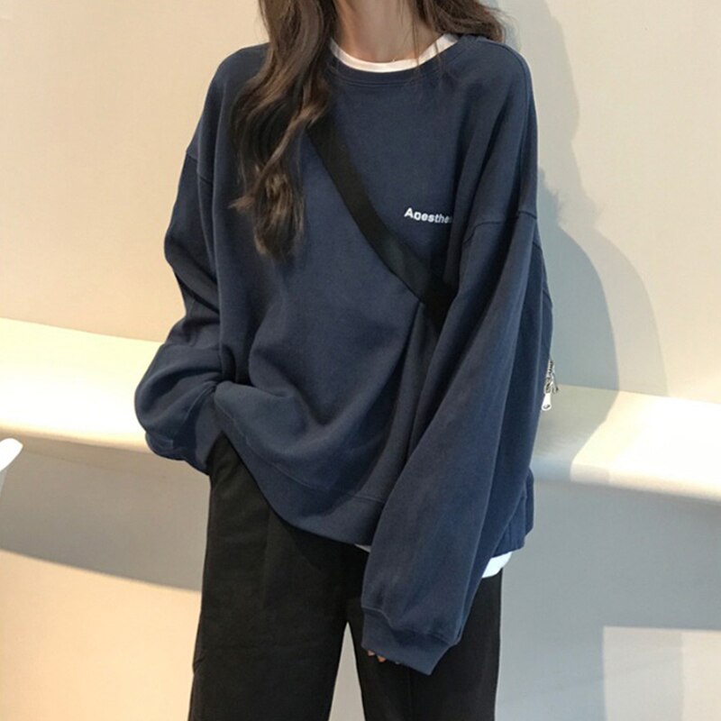 No Hat Hoodies mujeres Simple All-match coreano-estilo suelto sudaderas de esparcimiento estudiante fino cómodo de Patchwork Ulzzang: Dark Blue / M