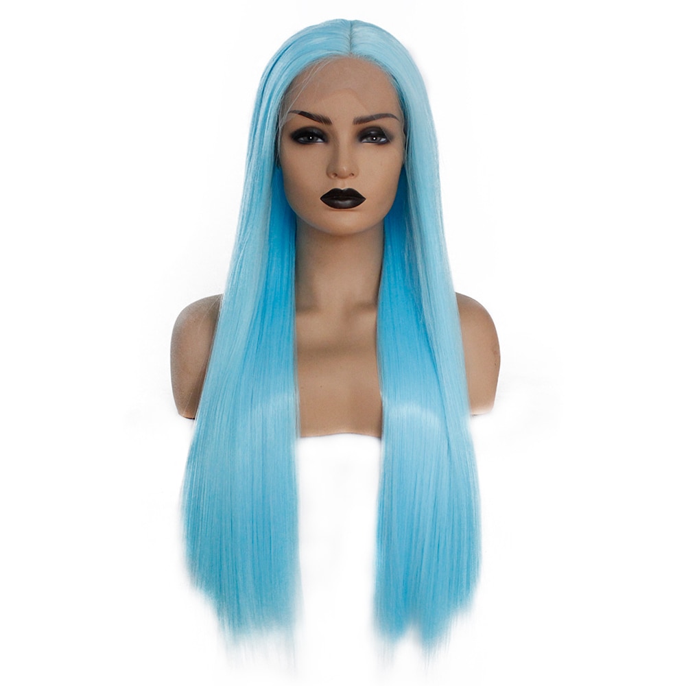 V'NICE Middle Part Light Blue Synthetic Lace Front Wig Natural Glueless Straight Cosplay Wig for Women Heat Resistant Fiber Hair