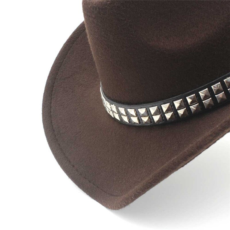 Women Men Wool Hollow Western Cowboy Hat With Wide Brim Felt Cowgirl Jazz Godfather Sombrero Cap Size 56-58CM Punk Belt A35