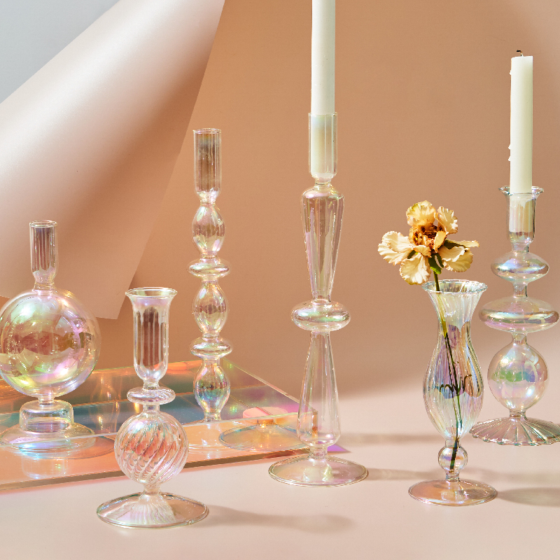 Portavelas iridiscentes, florero nórdico de arcoíris, decoración del hogar, decoración de mesa nórdica, soporte de palo de vela de vidrio para habitación