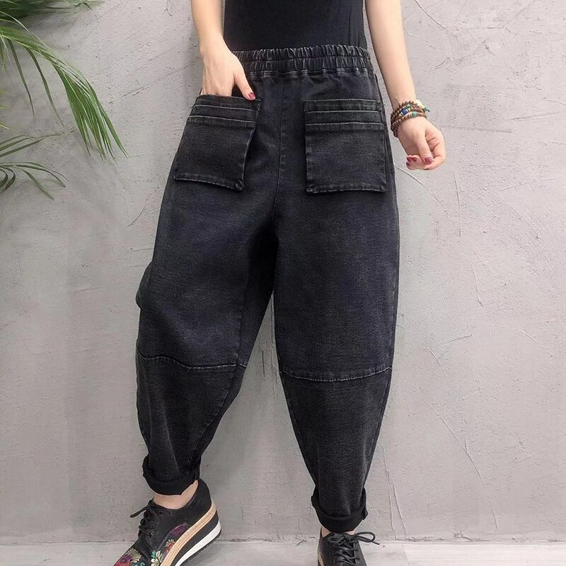 Pantalones vaqueros bombachos de algodón para mujer, pantalón informal, holgado, con cintura elástica y doble bolsillo, Vintage, color negro, Primavera, nueva coreana, S609