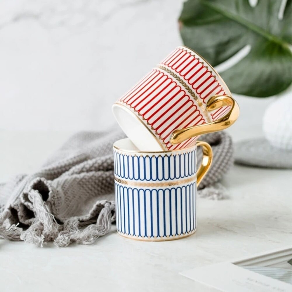 Tasse à café de luxe de Style britannique, 350ml, avec rayures dorées, en porcelaine, pour Couple, avec boîte