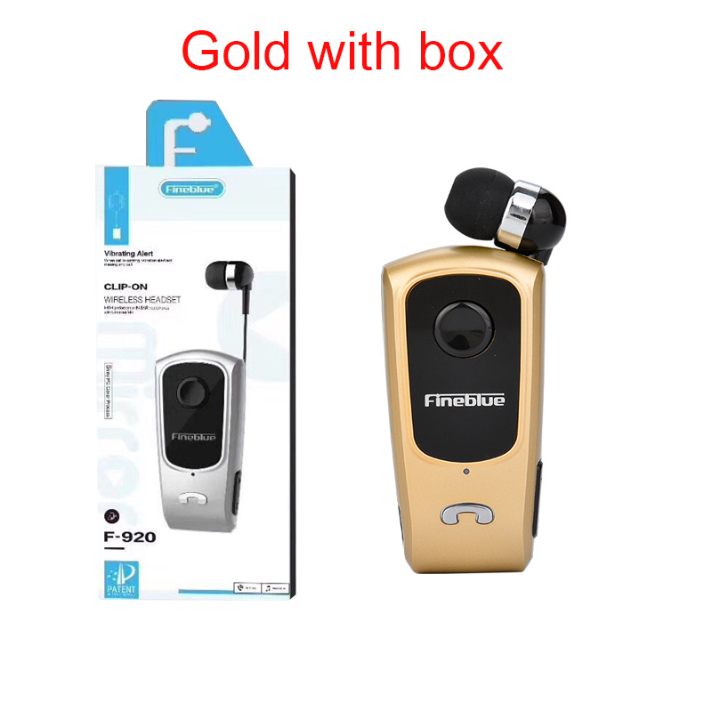 FineBlue F920 Retractable Wireless Bluetooth Earphones Handsfree Headset Stereo Headphone Clip Mic Phone Call Portable: Gold with box