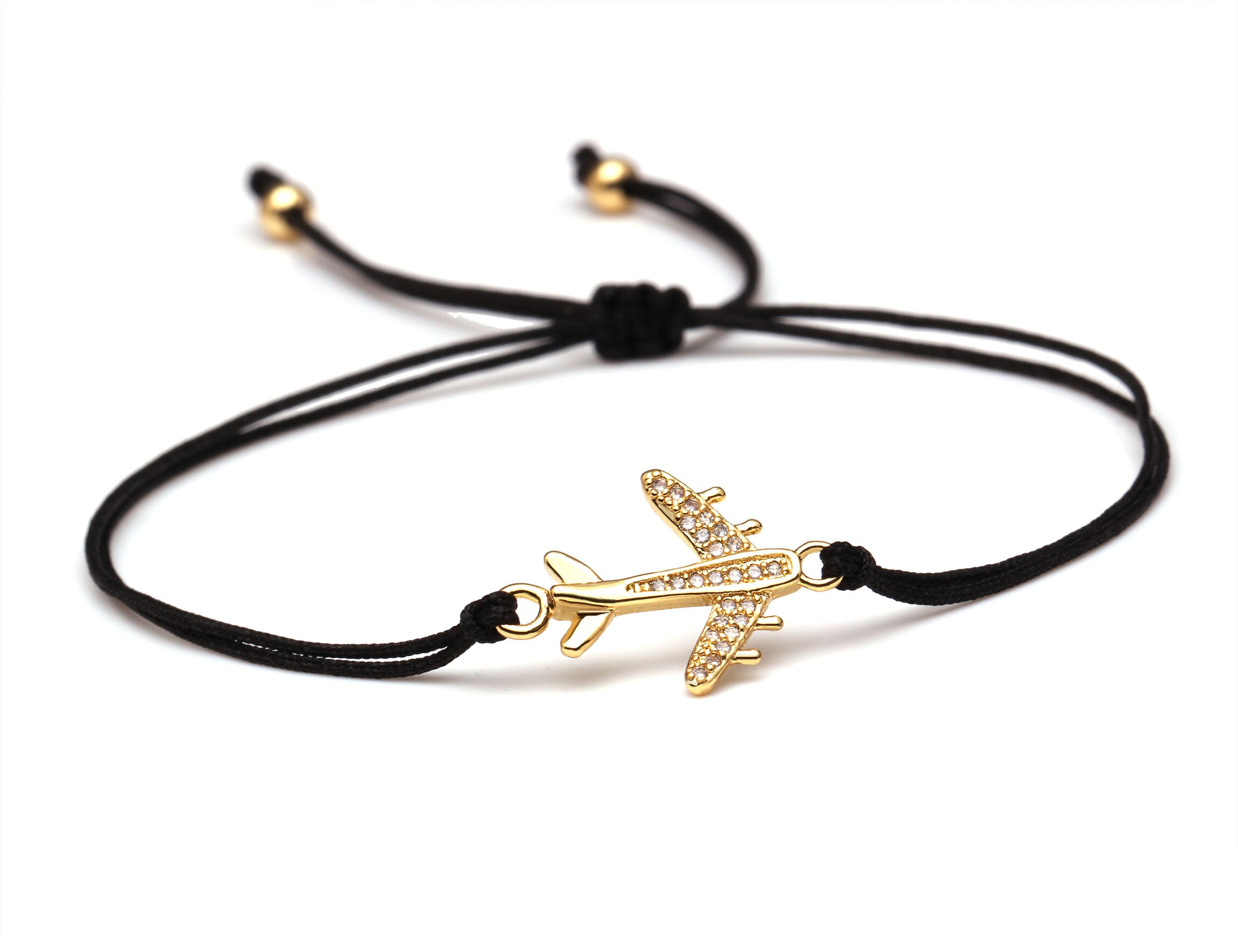 Sparkling Cubic Zirconia Copper Airplane Charm Bracelet Women Men Brass CZ Aeroplane Red Black String Jewelry: Brownish Yellow