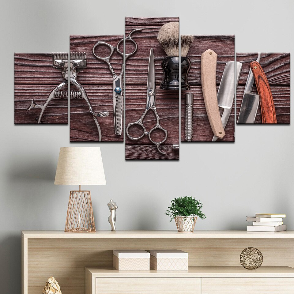Cópias Da Arte da parede Poster Imagens Modulares 5 Pcs Navalha Tesoura de Cabeleireiro Ferramentas Styling Pintura Da Lona Casa Decoração Salão De Beleza