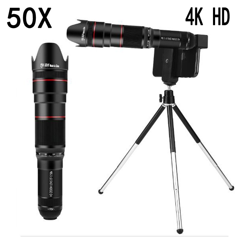 HD 50X lente de teléfono Cámara telefoto Zoom Monocular lente de telescopio SelfieTripod para todos los Smartphones ajustable lentes de teléfono celular