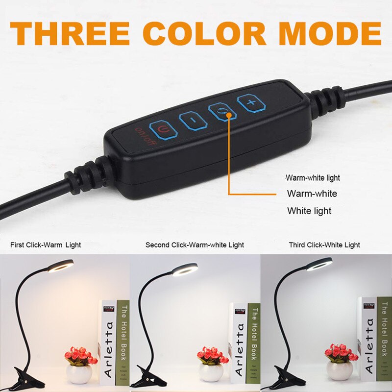 Lampada da scrivania a 48 LED con clip USB Lampada da libro da comodino 360 ° Lampada da scrivania mini clip-on a LED Luce notturna flessibile Luminosità regolabile a 3 livelli