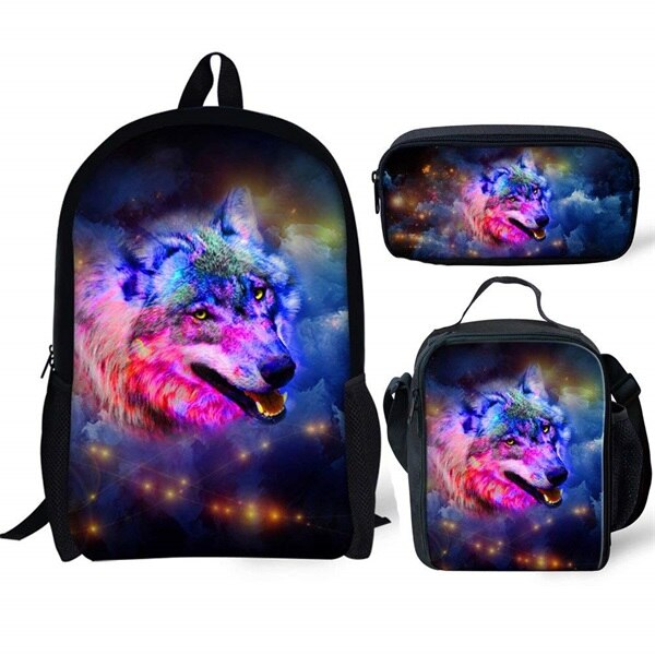 INSTANTARTS Cool Galaxy/Universe Wolf Print Schooltas voor Jongens 3 STUKS Set Rugzakken Kinderen Casual Middelbare School Student Rugzak: CC3225CGK
