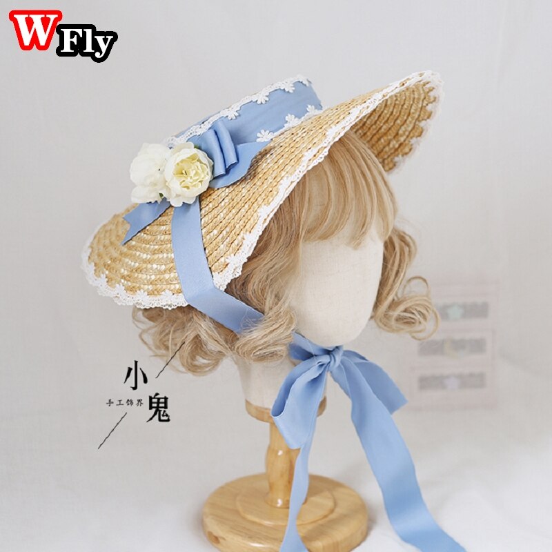 Chapeau de soleil en paille pour femmes et filles, japonais, Lolita, fait à la main, ruban de fleurs en dentelle, nœud papillon à large bord, chapeaux de paille élégants: style 4