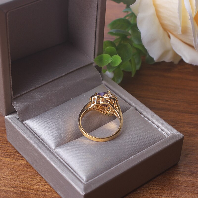 Ajojewel Gold Color Heart Zirconia Women Rings For Bride Wedding Purple Crystal Ring Engagement Ring Girl Bague