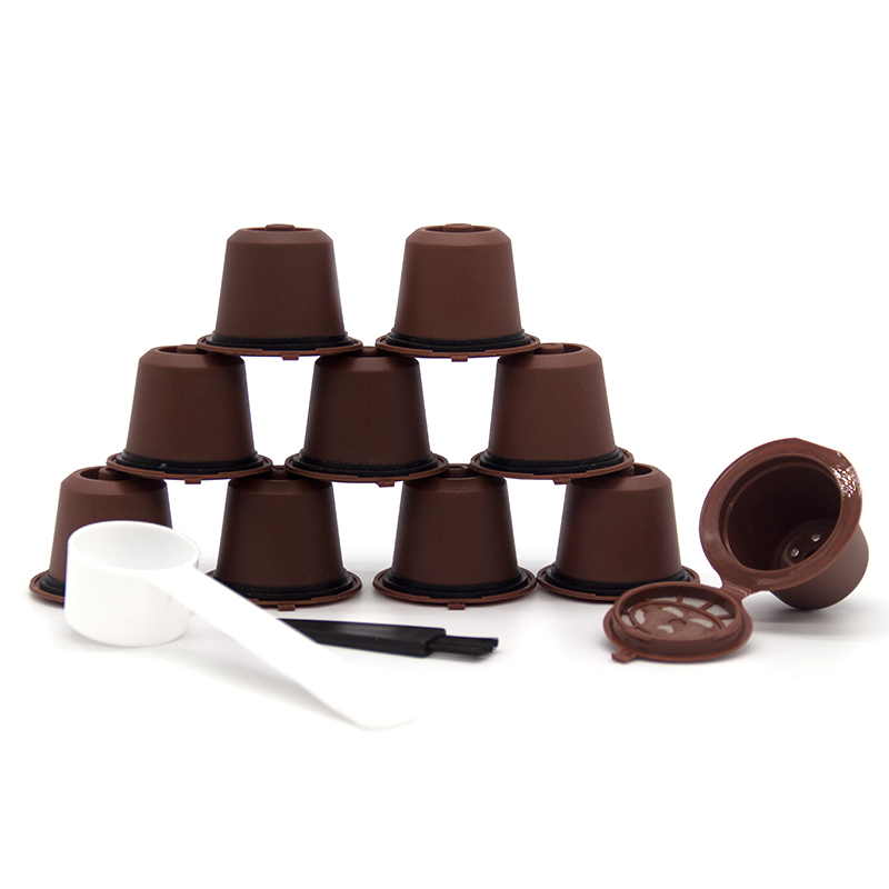 10 stk genopfyldelige genanvendelige nespresso kaffekapsler genanvendelige nespresso pods med en ske en børste: Brun
