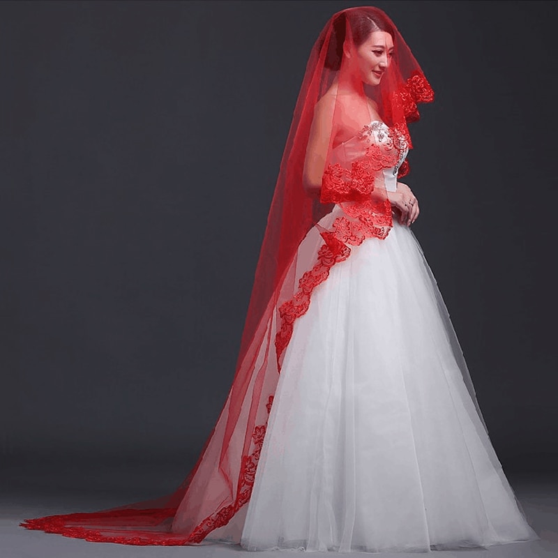 in Stock Weiß Elfenbein rot Braut- Schleier Elfenbein Spitze kurz Ellbogen Hochzeit Schleier Appliques lang Dom Braut Schleier 1.5M 3M