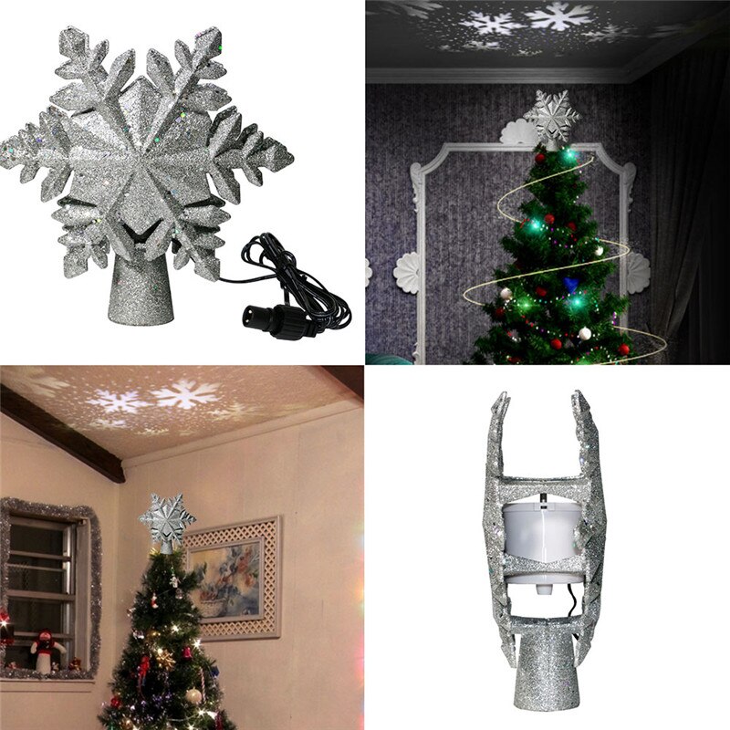 Hollow Snowflake Christmas Tree Top Hat LED Snowflake Rotating Projection Lamp Decoration Used Christmas Tree Rotation Night