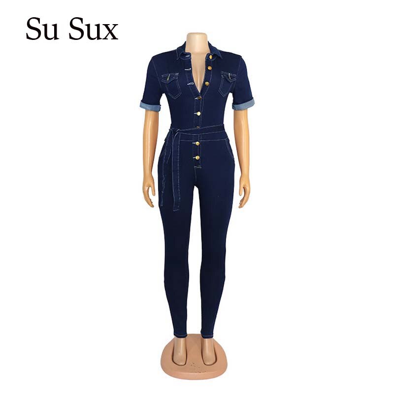 Macacão feminino casual 2020, jeans, manga curta, gola virada para baixo: L