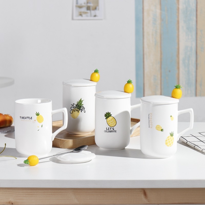 400ml europeisk sommar ananas mugg med sked, silikon sked keramisk kopp frukost muggar kaffekopp