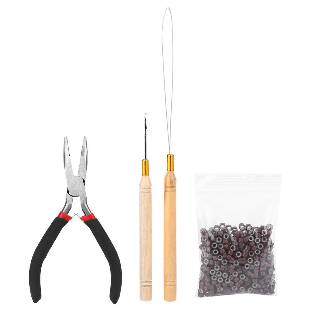Kit de extensiones de cabello, Kit de herramientas de extensión de cabello, Micro anillos de cuentas de silicona, 2 ganchos de tracción y alicates, 500 Uds.: Castaño