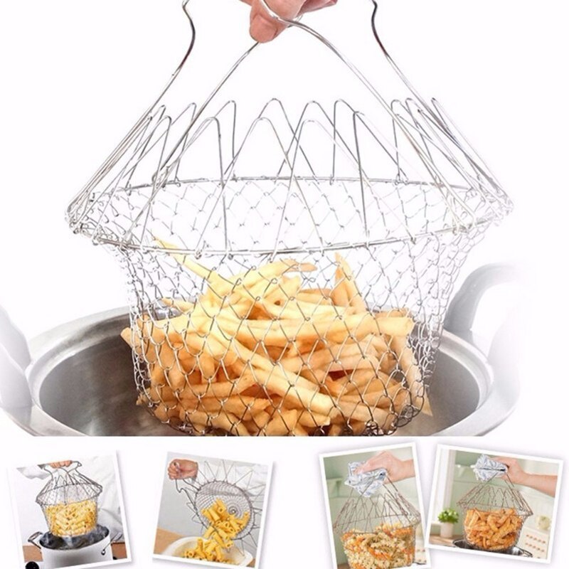 Panier à frites pliable en acier inoxydable, filet à mailles, pour friture, ustensile de cuisine, pour la maison