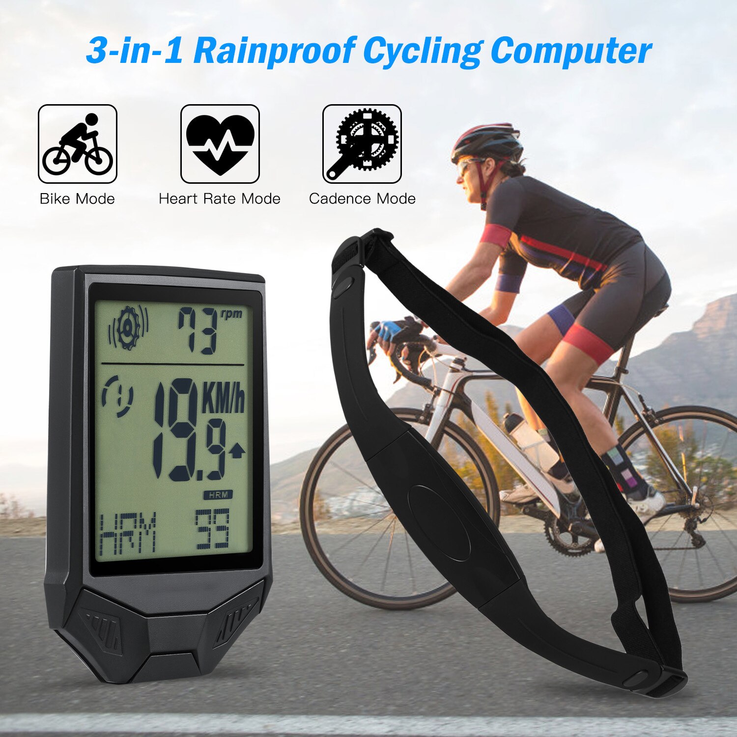 3 in 1 Bicycle Computer Wireless Bike Speedometer Waterproof Cycling Odometer MTB Stopwatch with Heart Rate Cadence Sensor