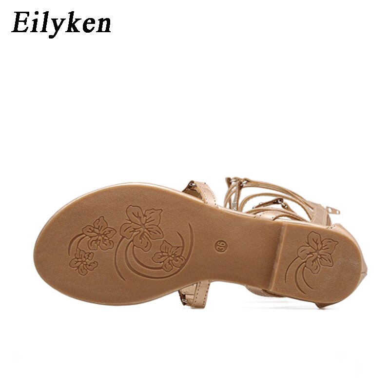 Eilyken-Sandalias romanas de gladiador para mujer, zapatos de cuero con remaches, Punta abierta, flecos, tacón plano, talla 35-40