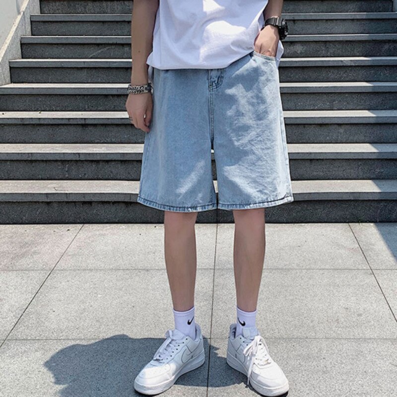 Summer Tooling Denim Shorts Men Korean Casual Loose Straight Denim Shorts Men Harajuku Streetwear Denim Half Pants Men