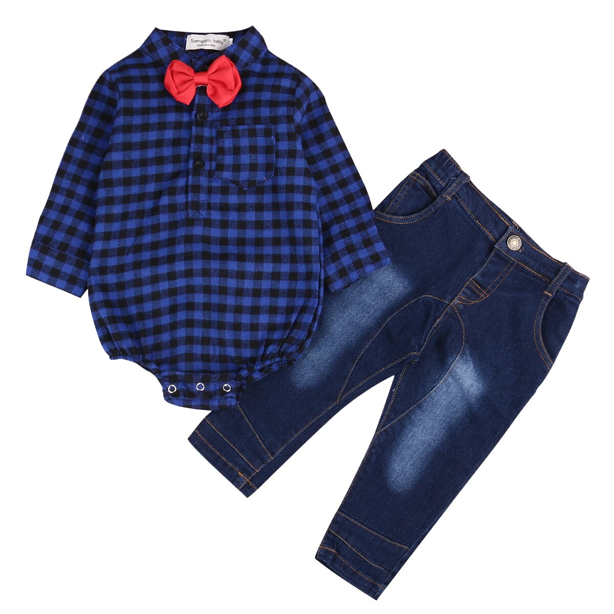 2 stks Kids Baby Boy red plaid lange mouwen Bodysuit pocket knop + Jeans Broek Outfits Kleding Set 0-18 M: Blauw / 9m