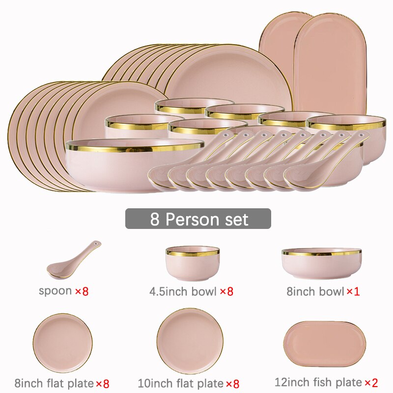 Pink Ceramic Dinner Plates Dishes Tableware Set Cake Food Plates Salad Soup Bowl Dinnerware Set for Restaurant Hotel