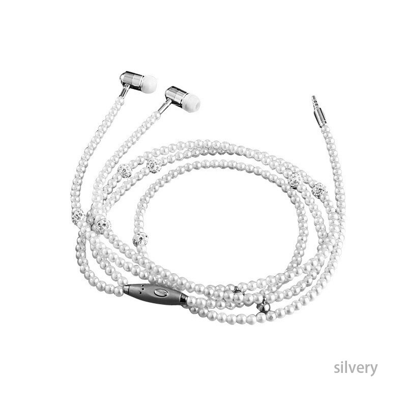 Women Earphones Bling Pearl Necklace Earbuds Headset For Phone Girls Беруши: 04