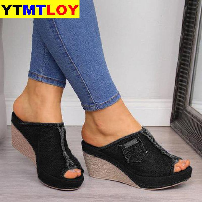Kvinder sandaler kvindesko kvinde sommer wedge behagelige damer slip-on flade sandalier denim platform kiler høj hæl: Sort / 36