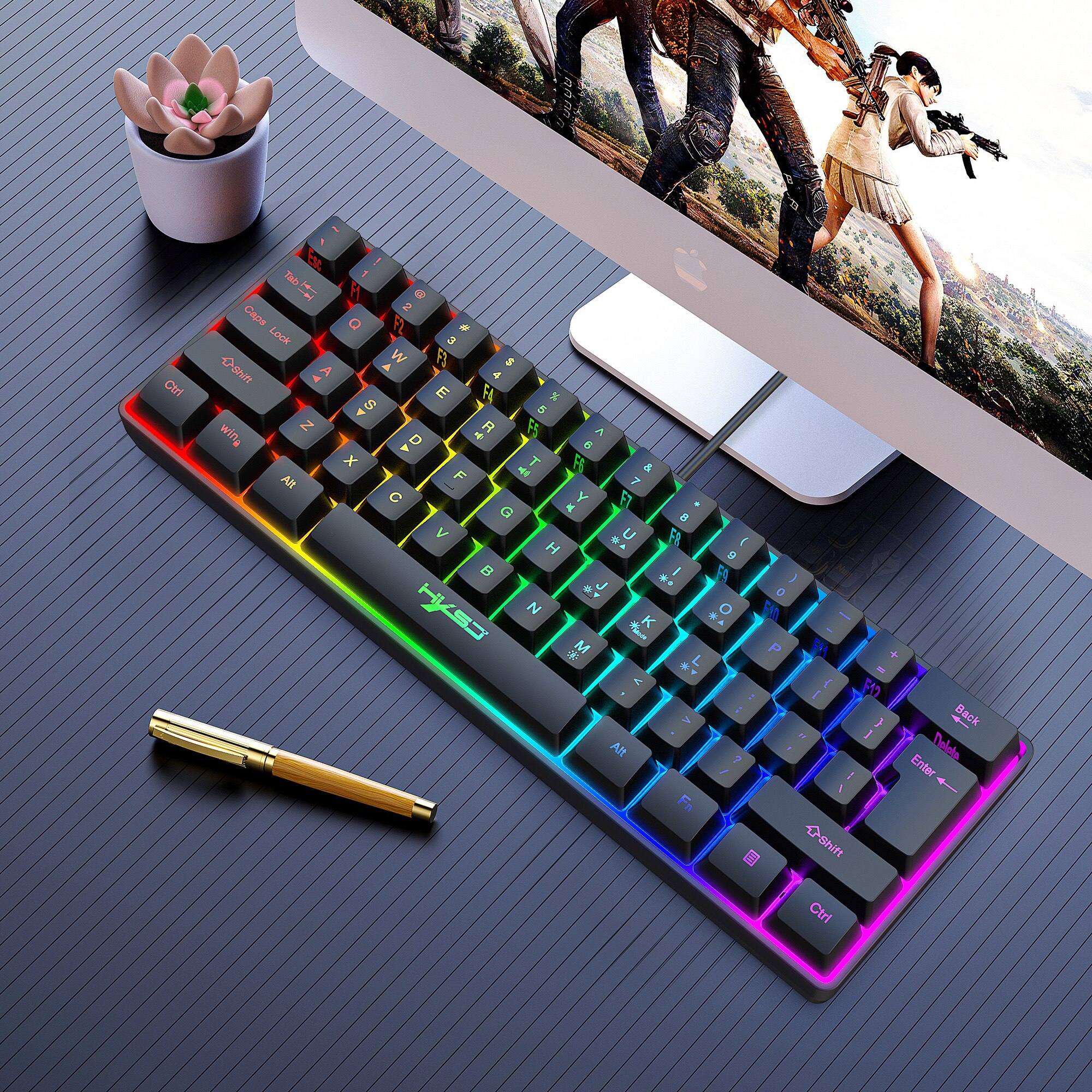HXSJ Gaming Keyboard 61 Keys RGB Backlit 60% 60 Business Keyboard US Wired Wireless Bluetooth Mini Compact PC Gamer MAC PS4