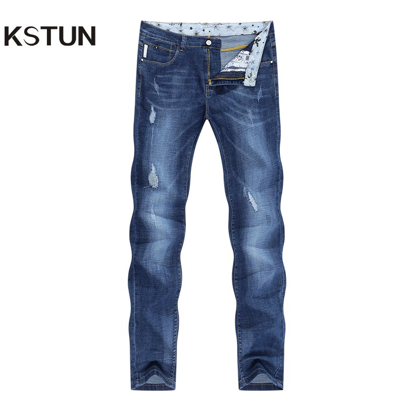 Kstun jeans herr slim fit blå sommar tunna slitna jeans herr streetwear hip hop jeansbyxor herrkläder