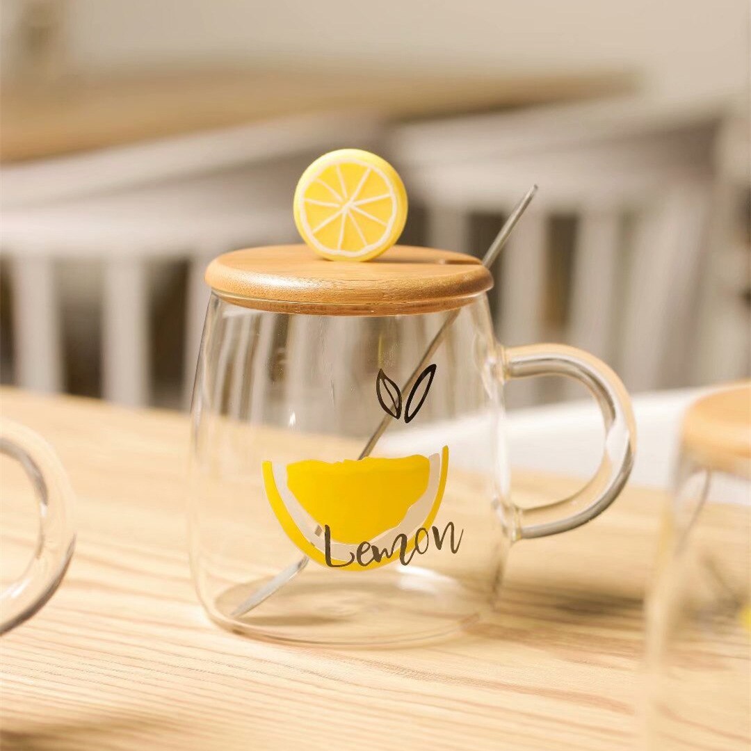 Cute Pastoral Style Glass Cups with Milk Breakfast Mug Office Flower Tea Cup Cold Drink Juice Mug: a Slice of Lemon
