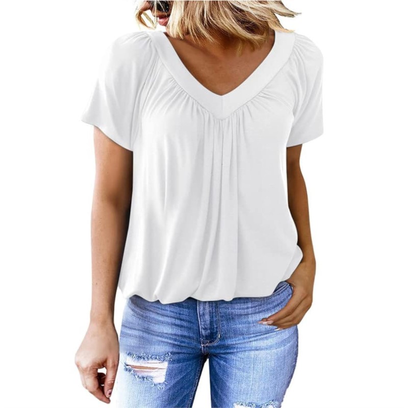 Summer TK Women's V-neck Folded Loose Short Sleeve Solid Color T-shirt Women's Top Comfortable, Casual and Versatile
