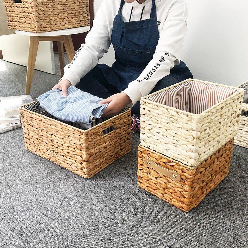 Cestas de almacenamiento tejidas hechas a mano para el hogar, caja de almacenamiento Rectangular, organizador de fruta, contenedor de comida, decoración