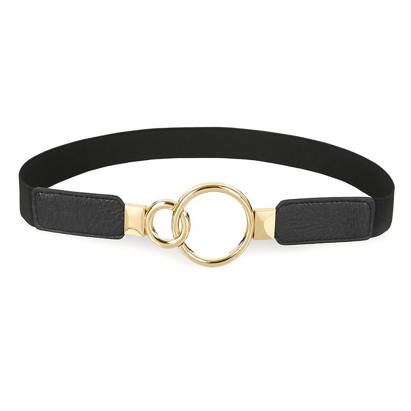 Fajas con hebilla de doble círculo dorado para mujer, cinturón elástico fino para vestido, cinturones de cuero de imitación para mujer, de: Black