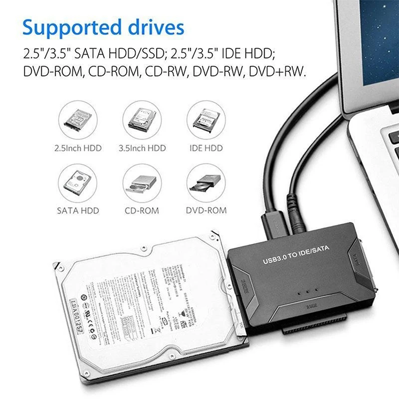 USB 3.0 zu SATA IDE Adapter Festplattenadapter Konverter für 2,5"/3,5" SATA/IDE/SSD Festplatten mit 12V 2A Netzteil