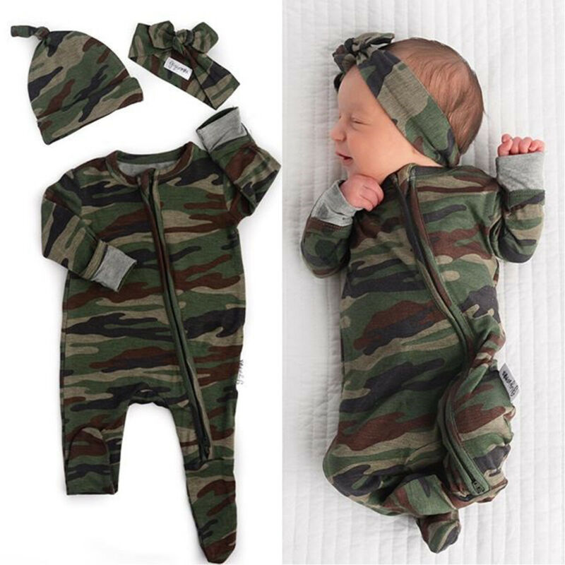 Pasgeboren Kids Baby Jongen Meisje Camo Rits Lange Mouwen Hoed Cap Hoofdtooi Hoofddeksels Jumpsuit Herfst Footies Kleding Outfits