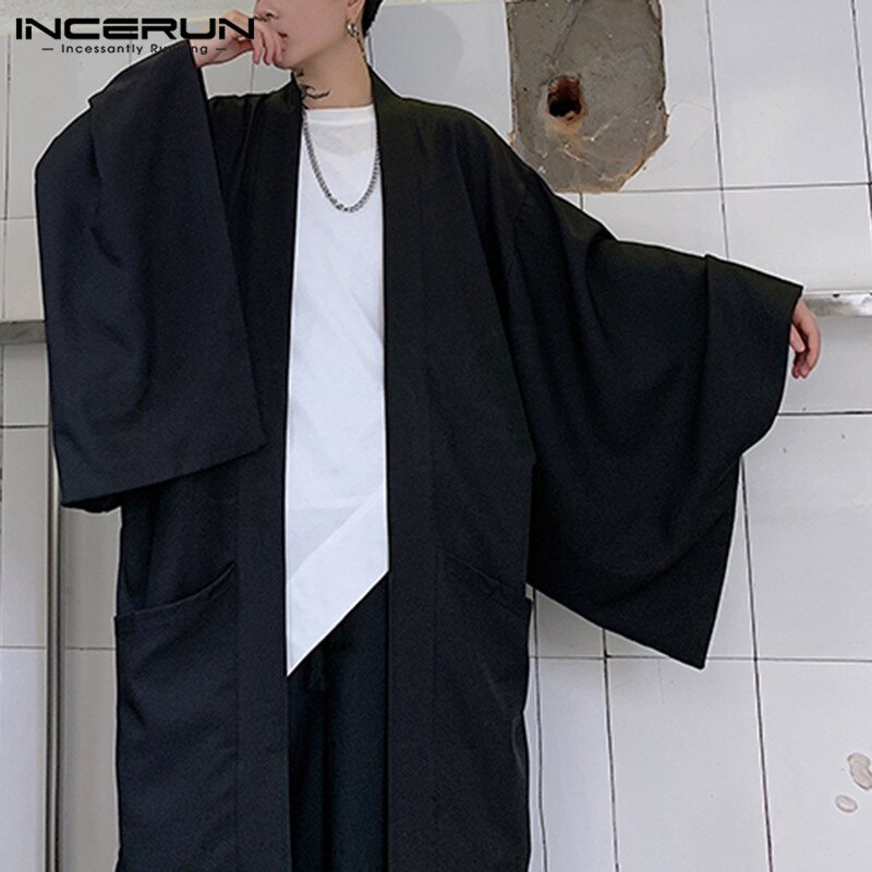 Incerun mænd sort cardigan skjorte afslappet åben søm outwear mand trench langærmet lange frakker japansk stil yukata toppe