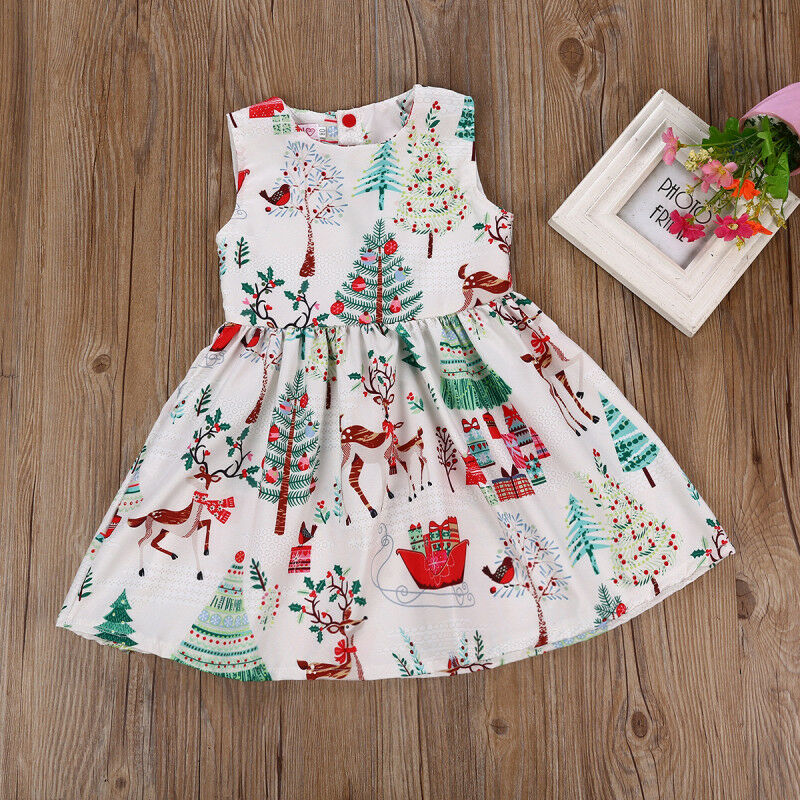 Schattige peuter babymeisje kerst cartoon hert mouwloze feestjurk kleding 2-6t kerstmis babymeisje cartoon jurk