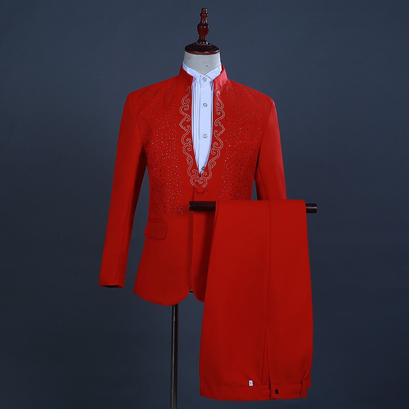 Witte Diamant Stand Kraag 2 Stuk Smoking Pak Mannen Borduren Party Wedding Suits met Broek Podium Zanger Kostuum Homme