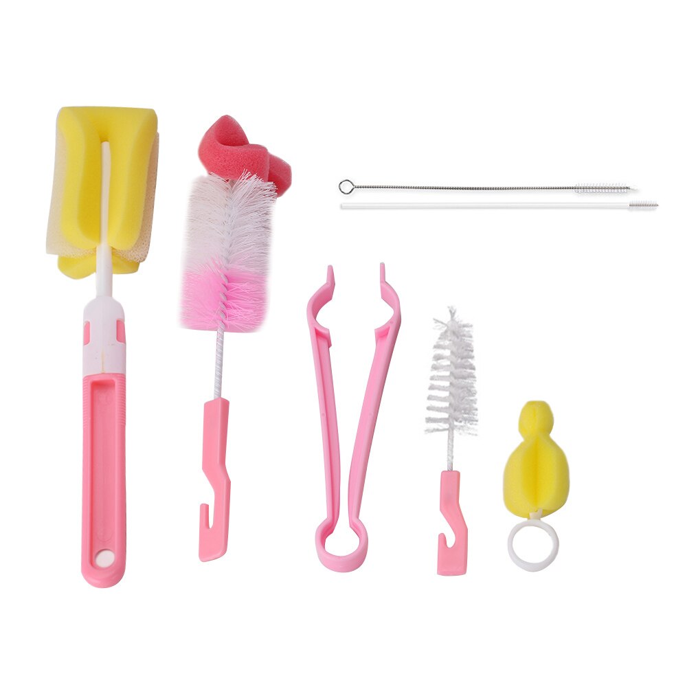 7Pcs Baby Feeding Bottle Brush Set Baby Nipple 360-degree Rotating Clean Sponge Spout Cup Brush Kit Bottle Cleaning Tool: Pink