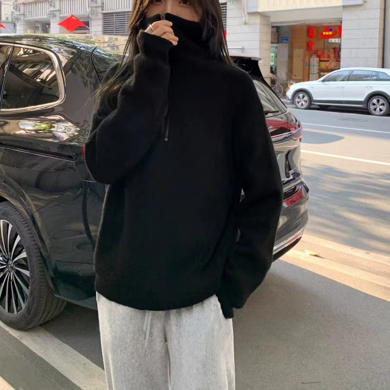 Otoño Invierno cálido suéter mujer sólido manga larga prendas de punto cuello con cremallera suéter de punto suelto Jumper Top NS5952: Negro