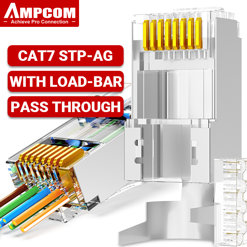 AMPCOM RJ45 Connector 50U Gold Plated CAT7 CAT6 CAT5E Pass through Modular Plug 8P8C Crimp End for Solid Wire Stanrded Ethernet