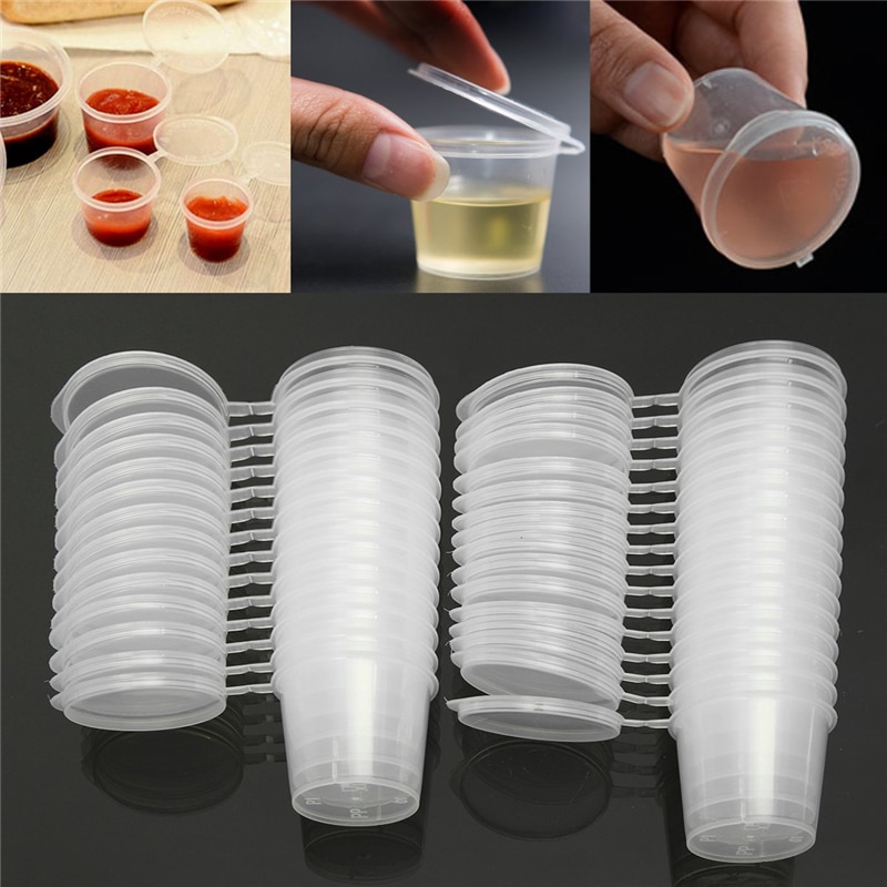 30 stks/set 30 ml 50 ml 100 ml Wegwerp Plastic Afhaalmaaltijden Saus Cup Containers Voedsel Doos met Scharnierende Deksels pigment Verf Doos Herbruikbare
