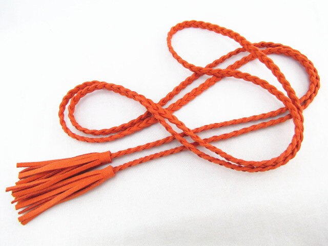 Hand-knit Long Pu Leather Braid Belt String Band with Tassel Casual Partty Dress Belts for Women Girl: Orange
