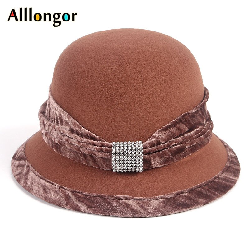 Red Bottom Fedora Hat Women French Autumn Winter Crystal Dome Cap Normal Wool Bowler Felt Hats Chapeau Femme Hiver: Brown