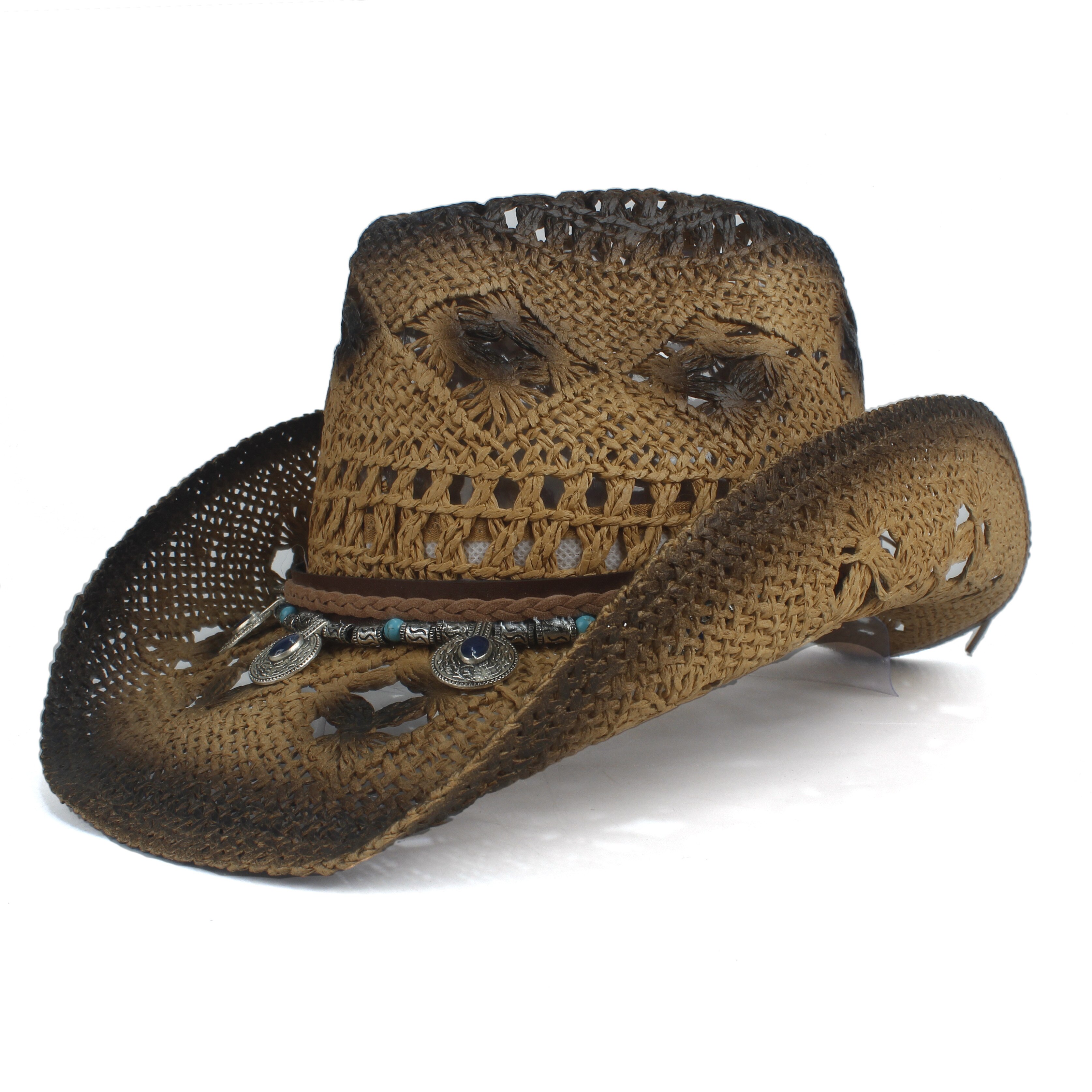 Retro kvinder halm hule vestlige cowboy hat dame roll up brim bohemia kvast sombrero hombre strand cowgirl jazz sol hat: Kaffe