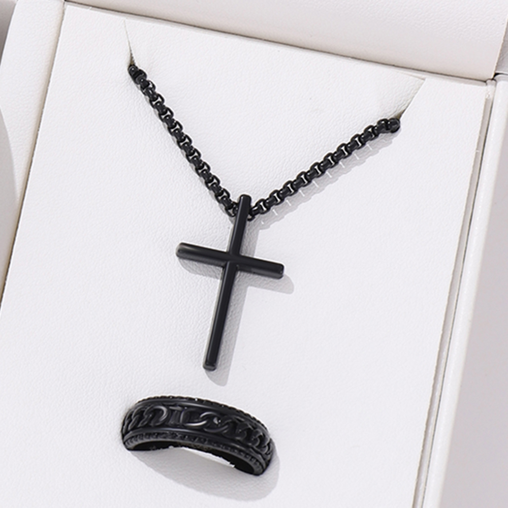3 piezas hombres personalidad Simple negro acero inoxidable no se decolora Cruz collar anillo pulsera conjunto Accesorios